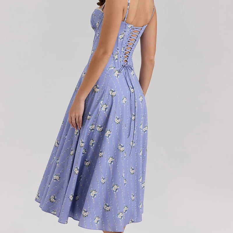YENKYE Sexy Spaghetti Straps Floral Print Corset Dress Women Lace Spliced Bandage Back A-line Vacation Party Dresses Summer Robe