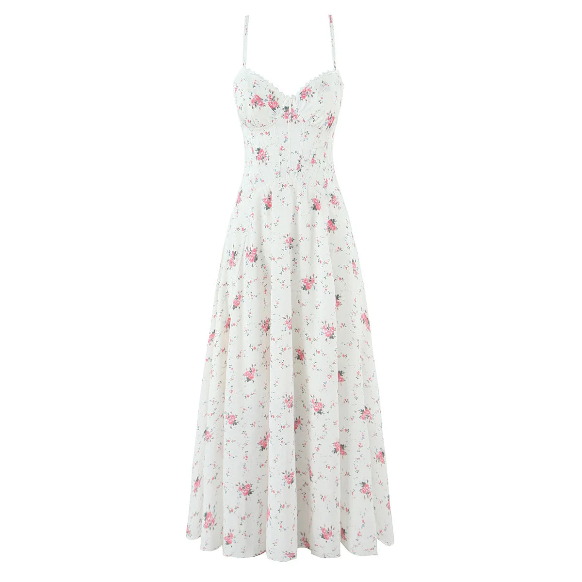 YENKYE Sexy Spaghetti Straps Floral Print Corset Dress Women Lace Spliced Bandage Back A-line Vacation Party Dresses Summer Robe