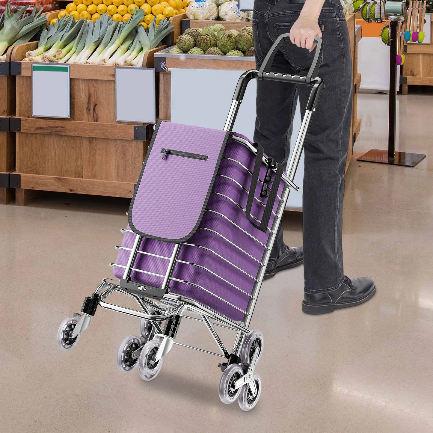 Trolley Laundry Folding Shopping Cart Basket Grocery Stair Climbing Handcart on Wheels Utility