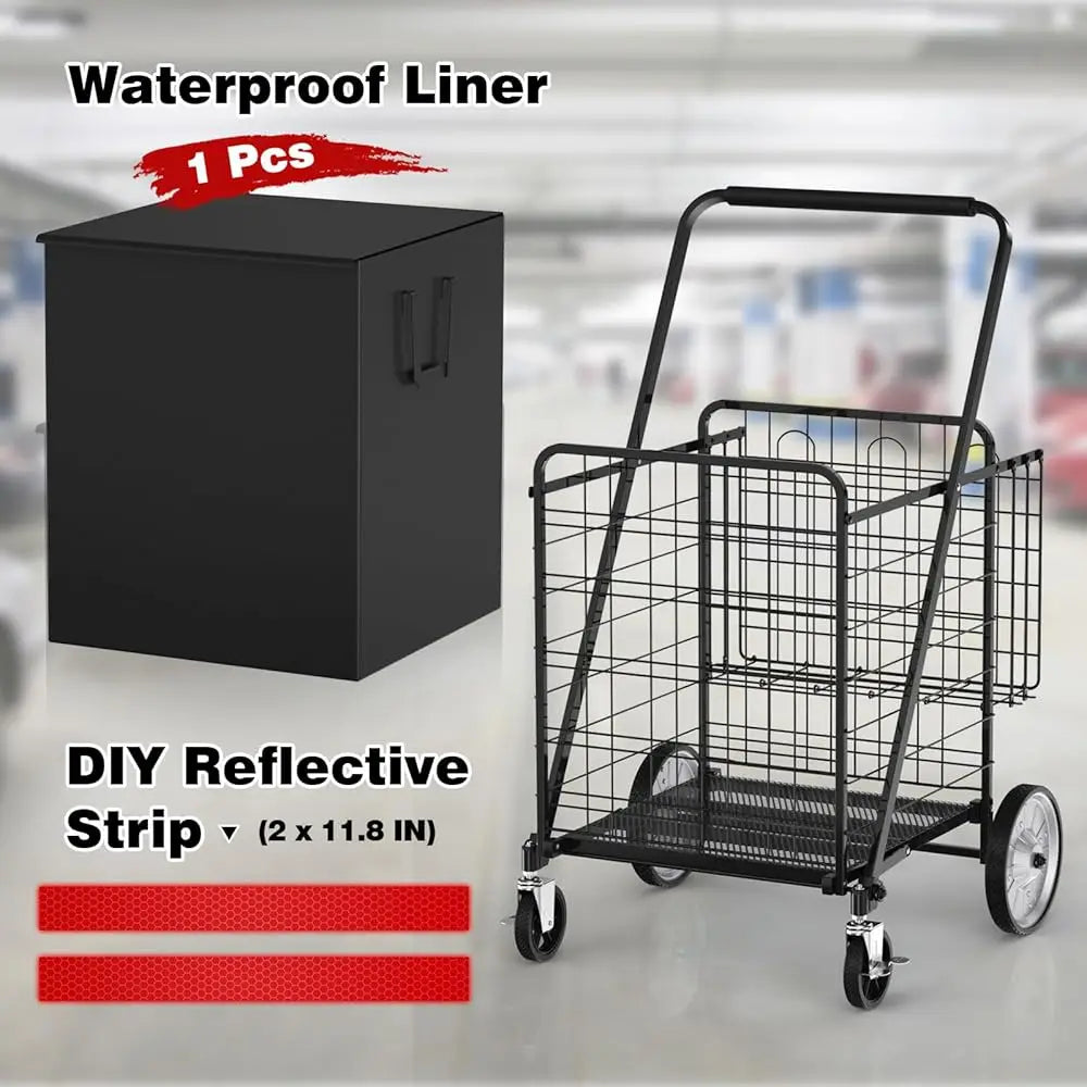 Folding Shopping Cart With 360° Rolling Swivel Wheels & Brakes - Jumbo Foldable Grocery Cart With Double Basket & Waterproof