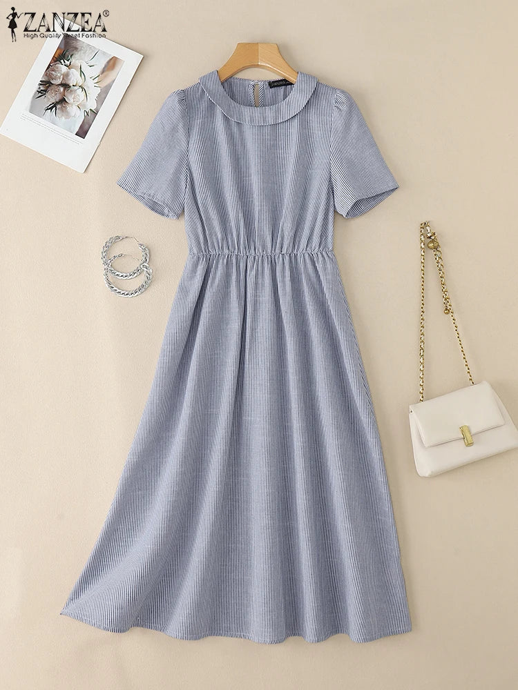 Elegant Women Midi Dresses 2025 ZANZEA Summer Office Work Dress Casual O Neck Short Sleeve Striped Sundress Holiday Vestido Robe