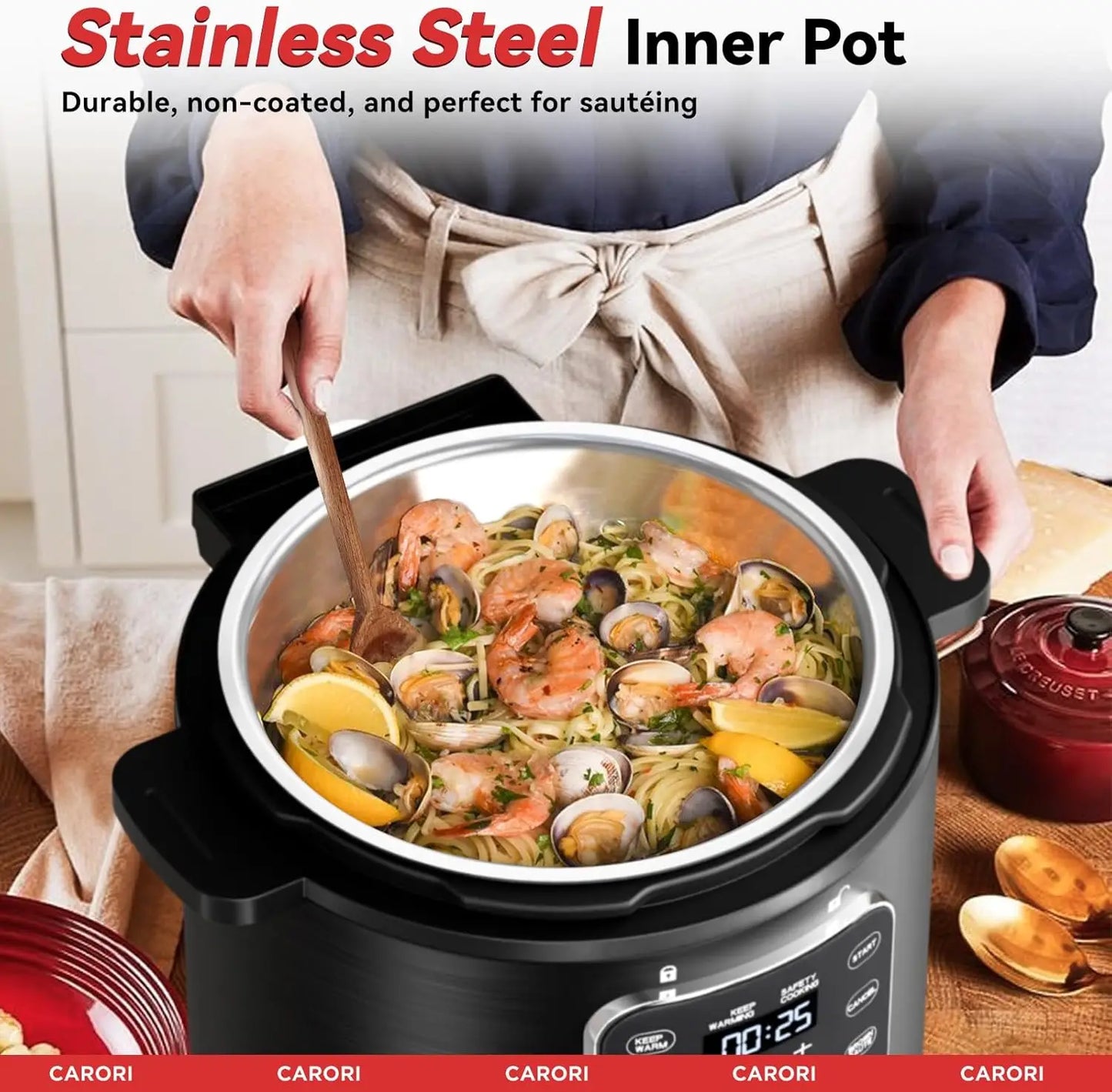 9-in-1 Electric Pressure Cooker 6 Qt, Stainless Steel Inner Pot, Programmable 12 Multi-Function Cooker with Safe Vent Design, Ri