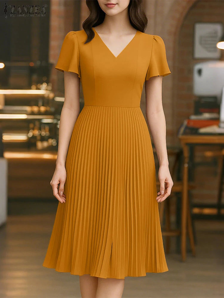 Elegant V Neck Office Work Dresses ZANZEA Women 2025 Summer Dress Solid Pleated Sundress Short Sleeve A Line Party Vestidos Robe