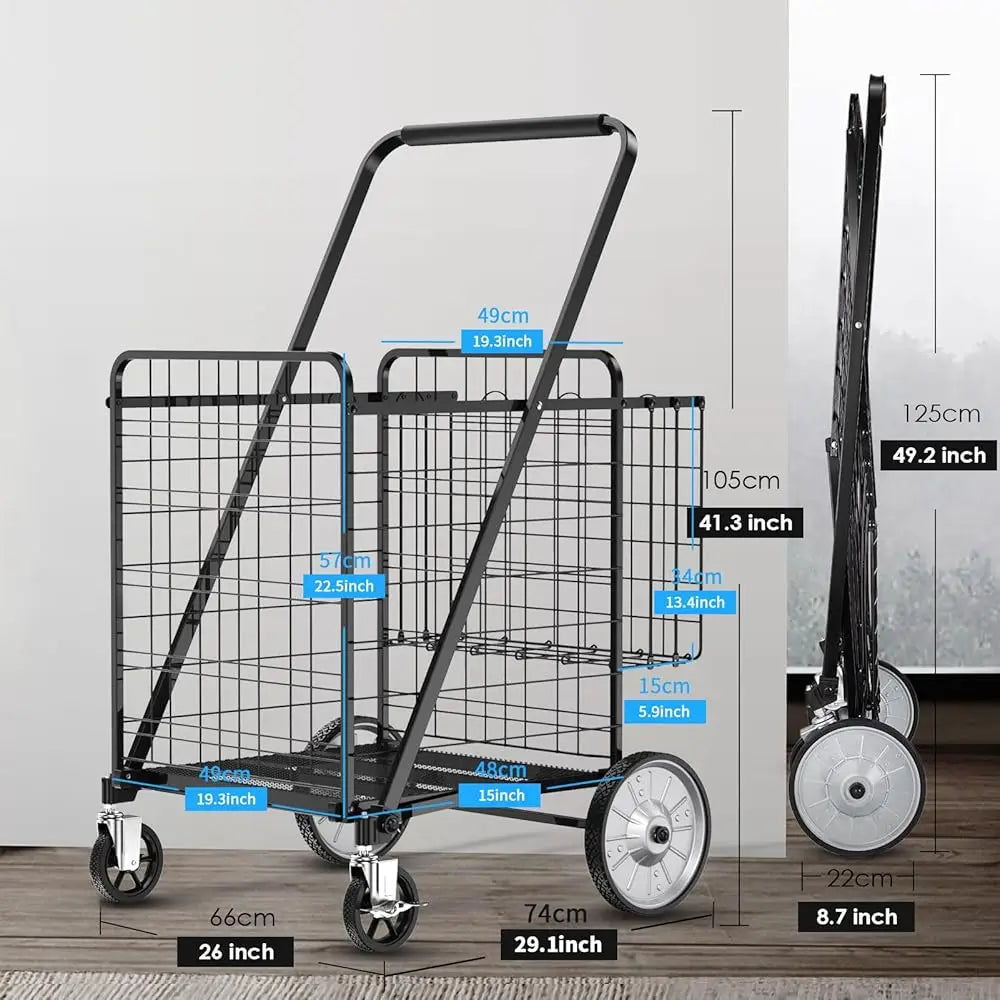 Folding Shopping Cart With 360° Rolling Swivel Wheels & Brakes - Jumbo Foldable Grocery Cart With Double Basket & Waterproof