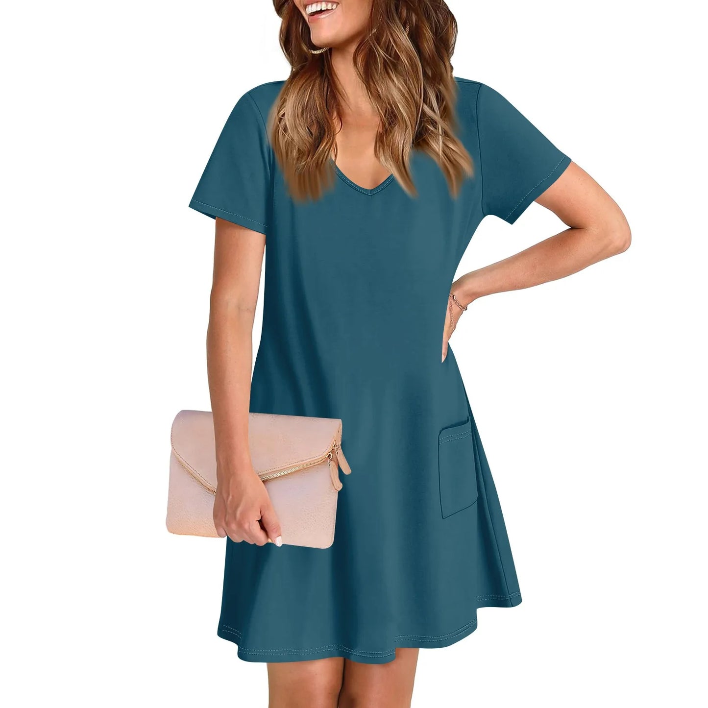Women'S Casual And Fashionable V-Neck Short Sleeve Printing Mid Length Dress Elegant Fashion Harajuku Female Clothes Dress