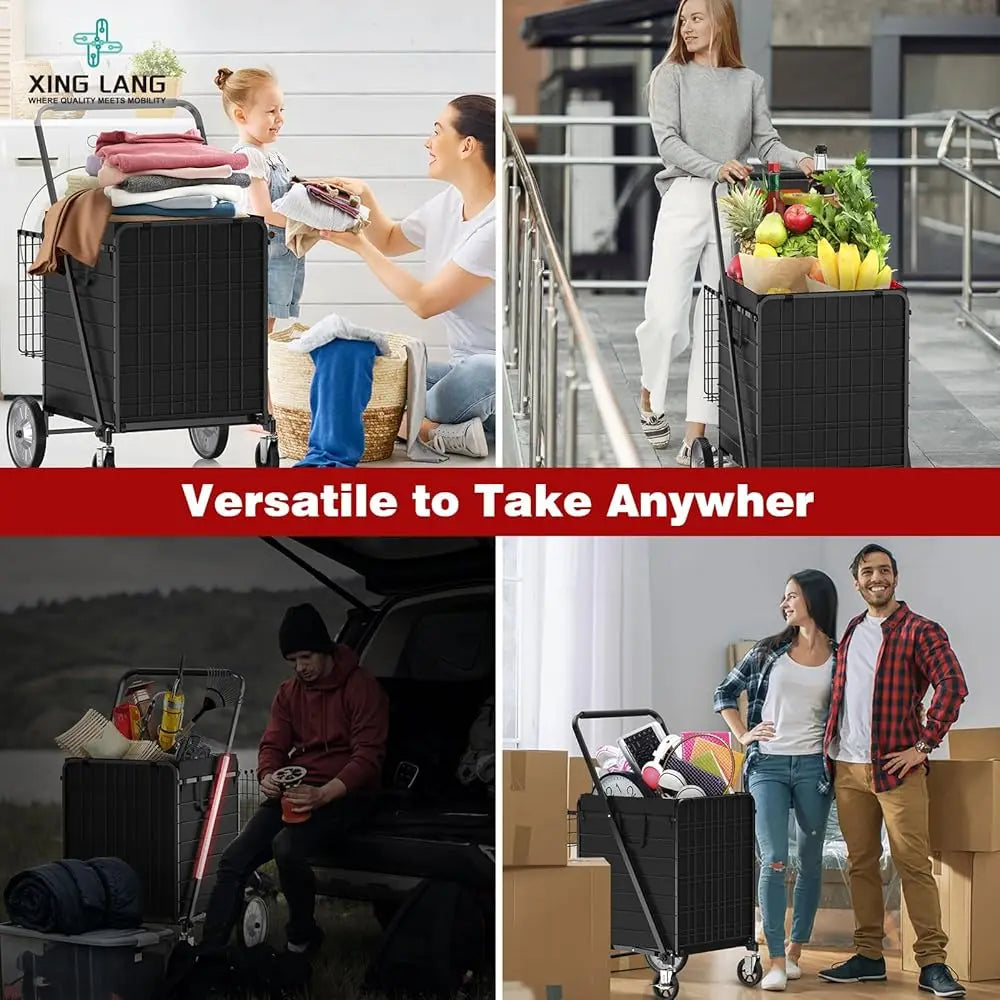 Folding Shopping Cart With 360° Rolling Swivel Wheels & Brakes - Jumbo Foldable Grocery Cart With Double Basket & Waterproof