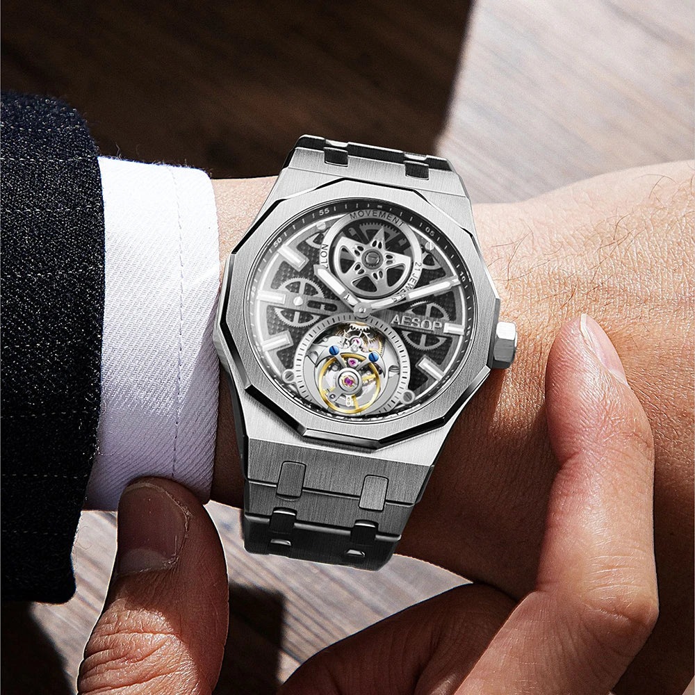 AESOP Men Flying Tourbillon Movement Mechanical Automatic Luxury Watches Wristwatches Skeleton Watch Brand For Man Sapphire