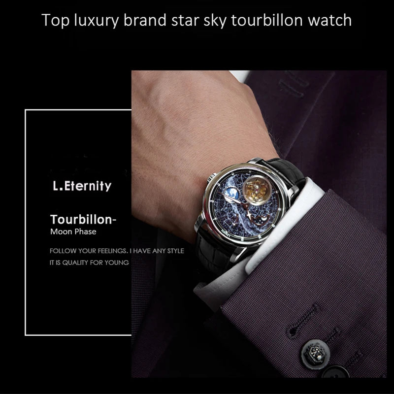 Top Luxury Starry Sky Automatic Tourbillon Mechanical Watches Waterproof Moon Phase Super Luminous Men's Wristwatches Sapphire